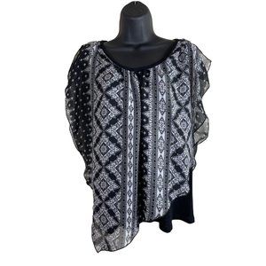 AGB Top Women Size L Sleeveless Black White Sheer Overlay Geometric Scoop Neck